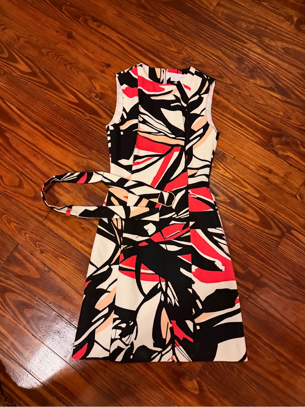 Boss Sleeveless Abstract Print Sheath Dress in Black, White & Red